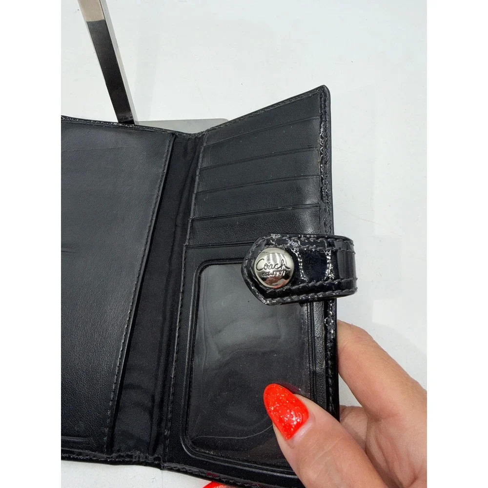 Coach Signature Jacquard Slim Bifold Wallet Black Patent Trim Snap Closure